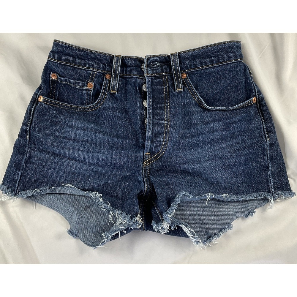 Levis 501 Short Women 26 Blue Dark Denim High Cut Off Distressed 130